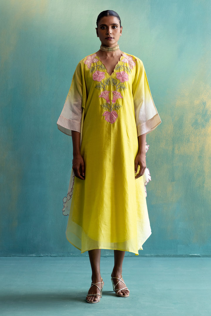 DIL-KASH DIP DYE YELLOW AND OFF-WHITE CHANDERI  V-NECK EMBROIDERY KAFTAAN