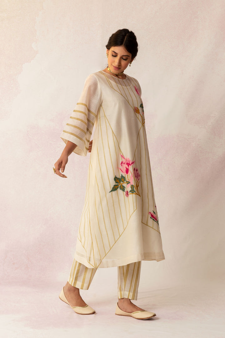 BAHAAR IVORY COTTON BEIGE STRIPE PANT
