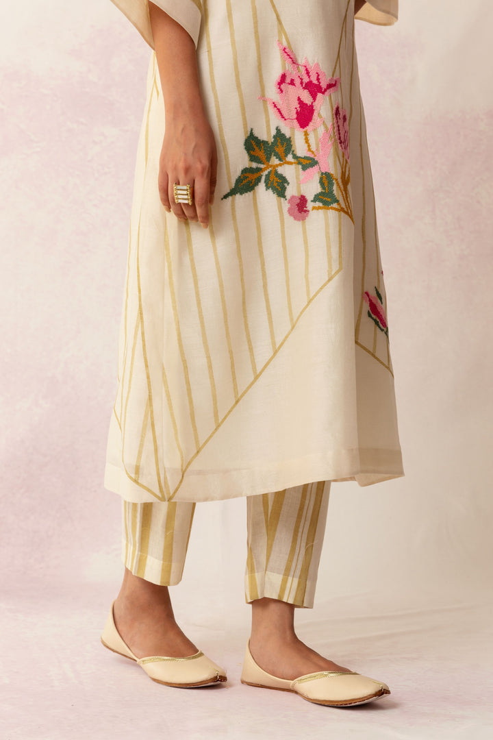 BAHAAR IVORY COTTON BEIGE STRIPE PANT