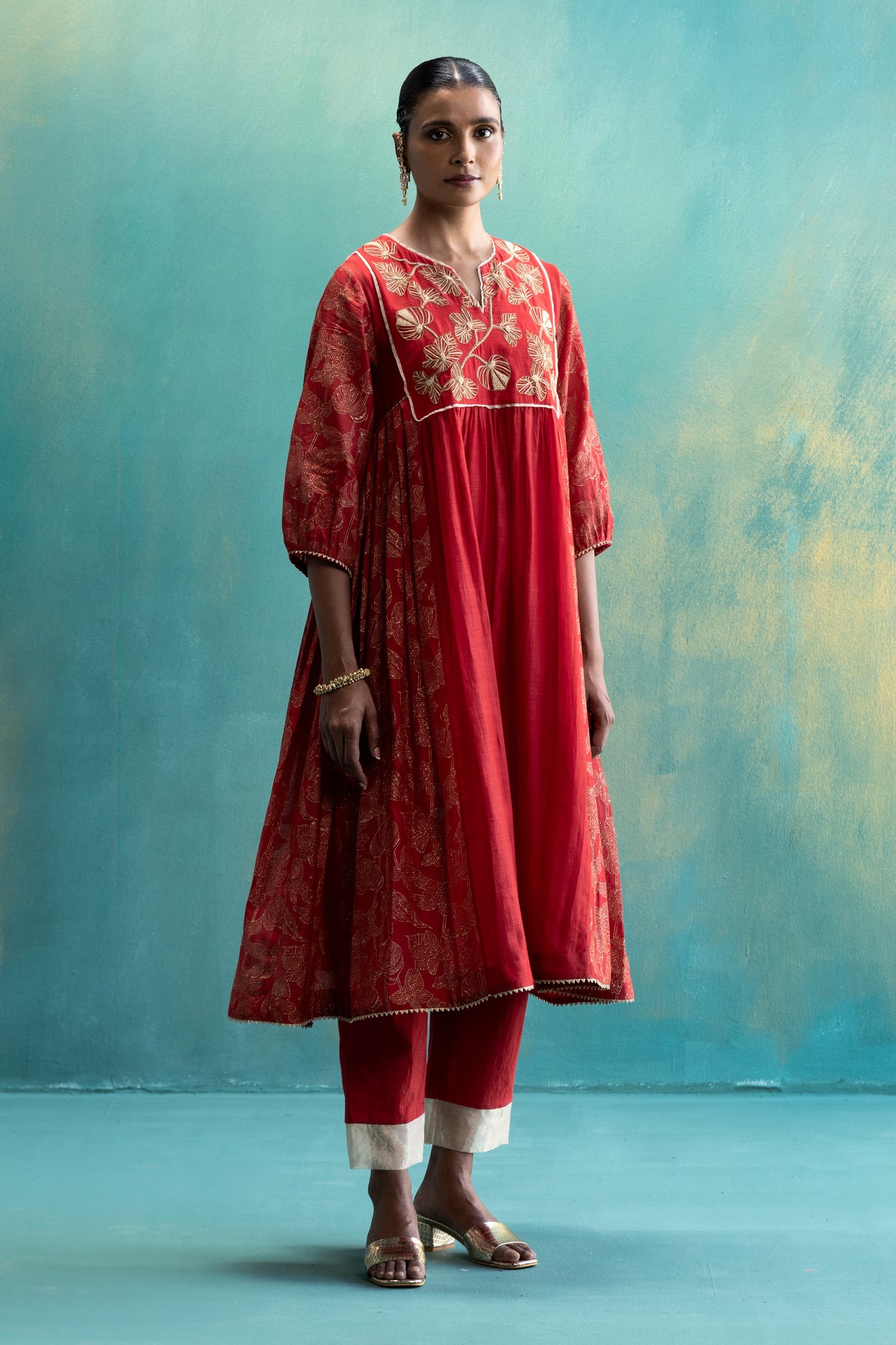 DIL-KASH RED CHANDERI FRONT AND BACK FLORAL EMBROIDERY WITH SIDE PLEATS AND GOLD BLOCK PRINT KURTA