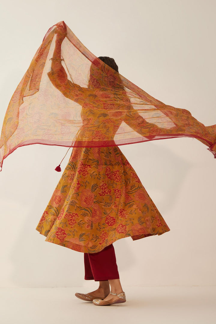 BURNT ORANGE FLORAL ANGRAKHA WITH PANTS AND CHINTZ FLORAL DUPATTA