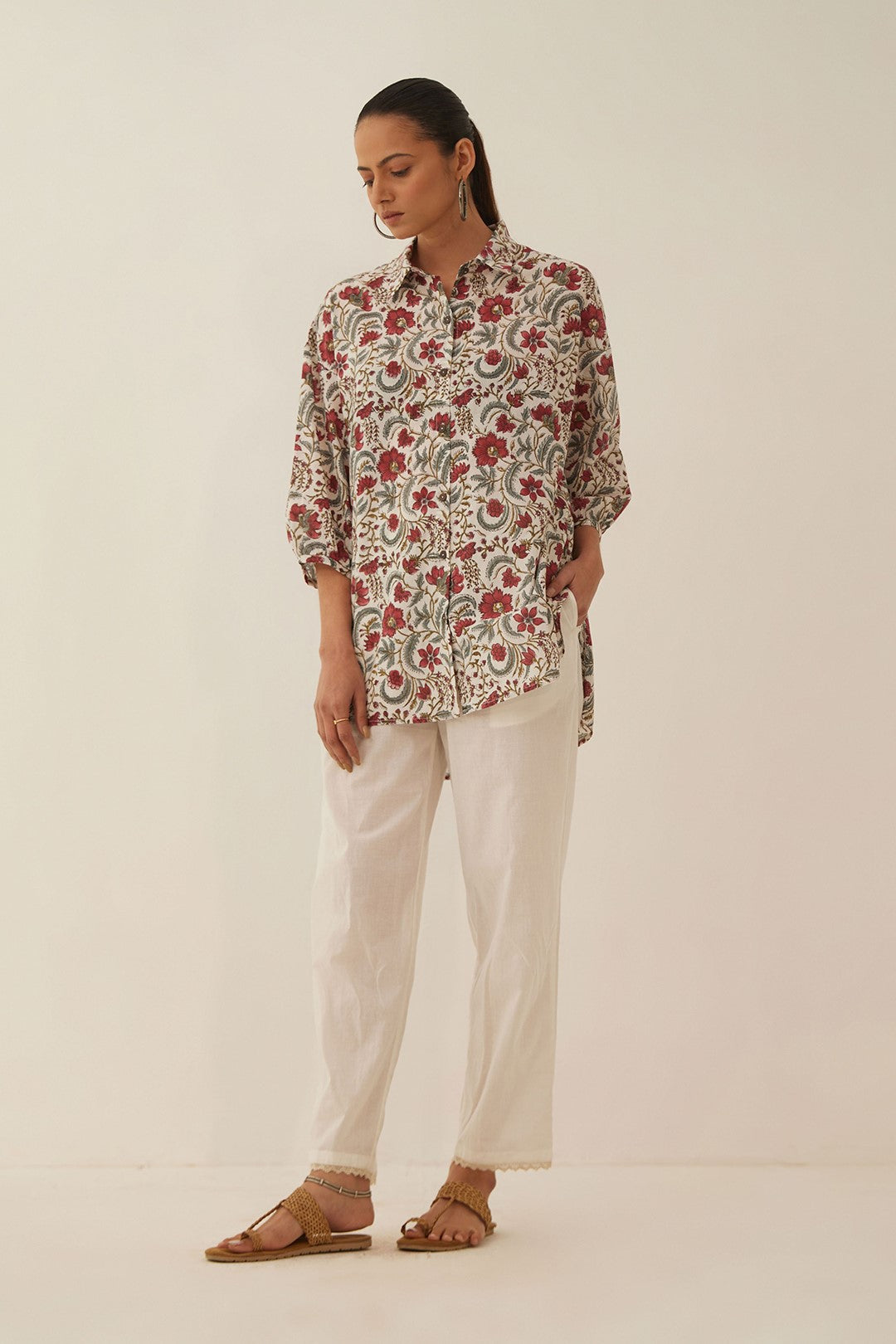 IVORY FLORAL CHINTZ COTTON SHIRT WITH COTTON PANTS