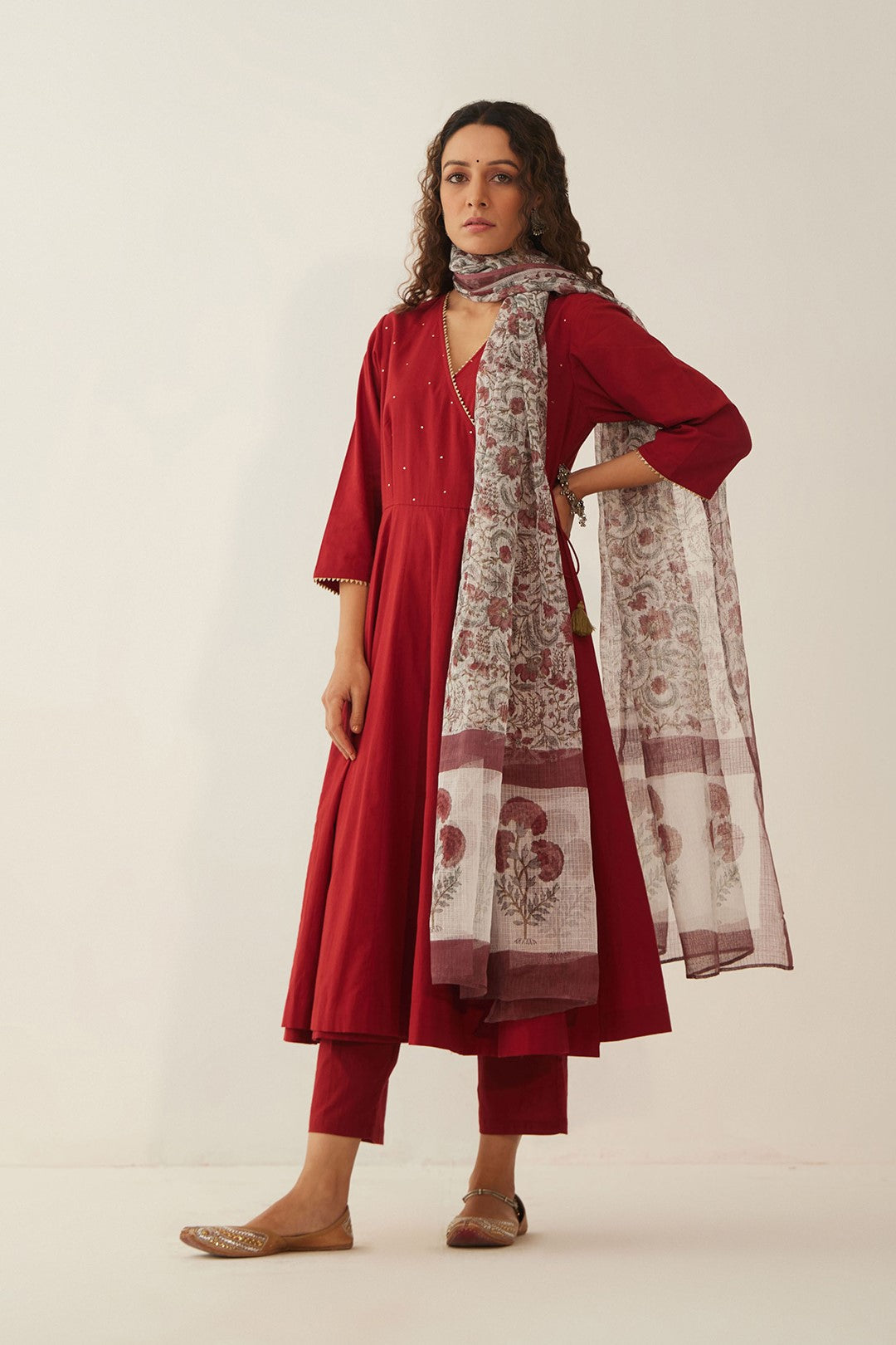 MAHROON ANGRAKHA WITH PANTS AND CHINTZ FLORAL DUPATTA