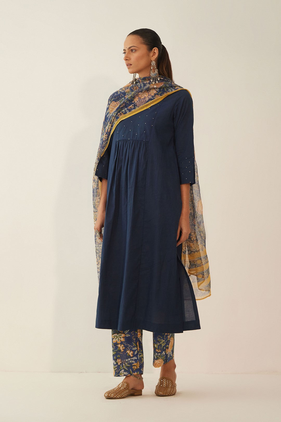 BLUE COTTON KURTA WITH FLORAL PANTS AND DUPATTA