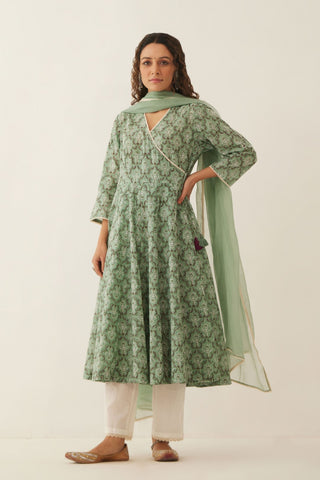 SAGE GREEN COTTON FLORAL ANGRAKHA WITH COTTON PANTS AND DUPATTA