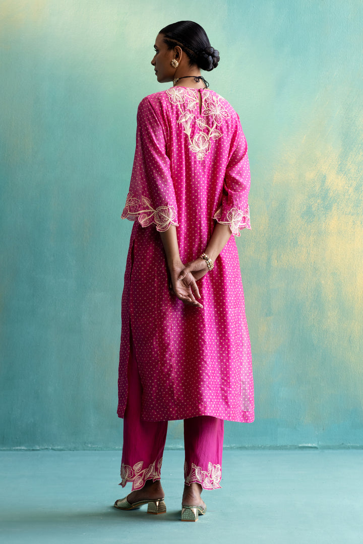 Dil-kash Pink Chanderi Kurta with Long Yoke Floral Embroidery On Polka