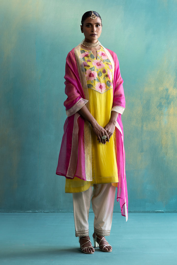 Dil-kash Yellow Chanderi with Floral yoke embroidery Choga set