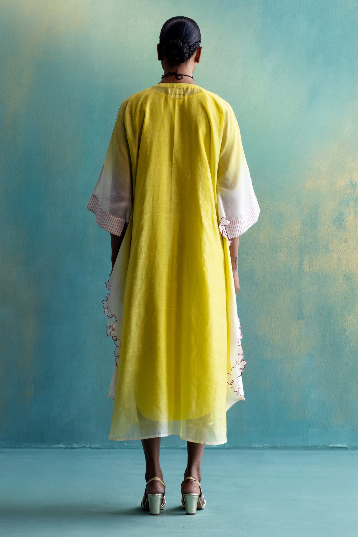 DIL-KASH DIP DYE YELLOW AND OFF-WHITE CHANDERI  V-NECK EMBROIDERY KAFTAAN