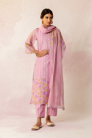 BAHAAR LILAC FLORAL EMBROIDERY WITH ROSE PRINT KURTA SET