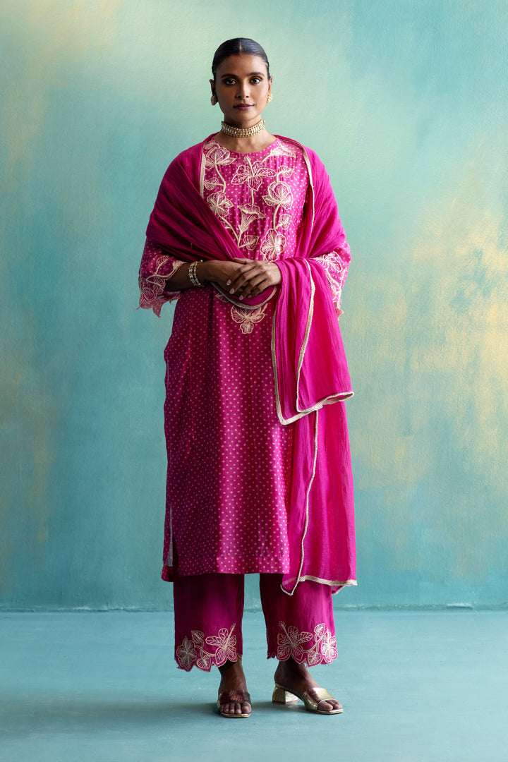 Dil-kash Pink Chanderi Kurta with Long Yoke Floral Embroidery On Polka