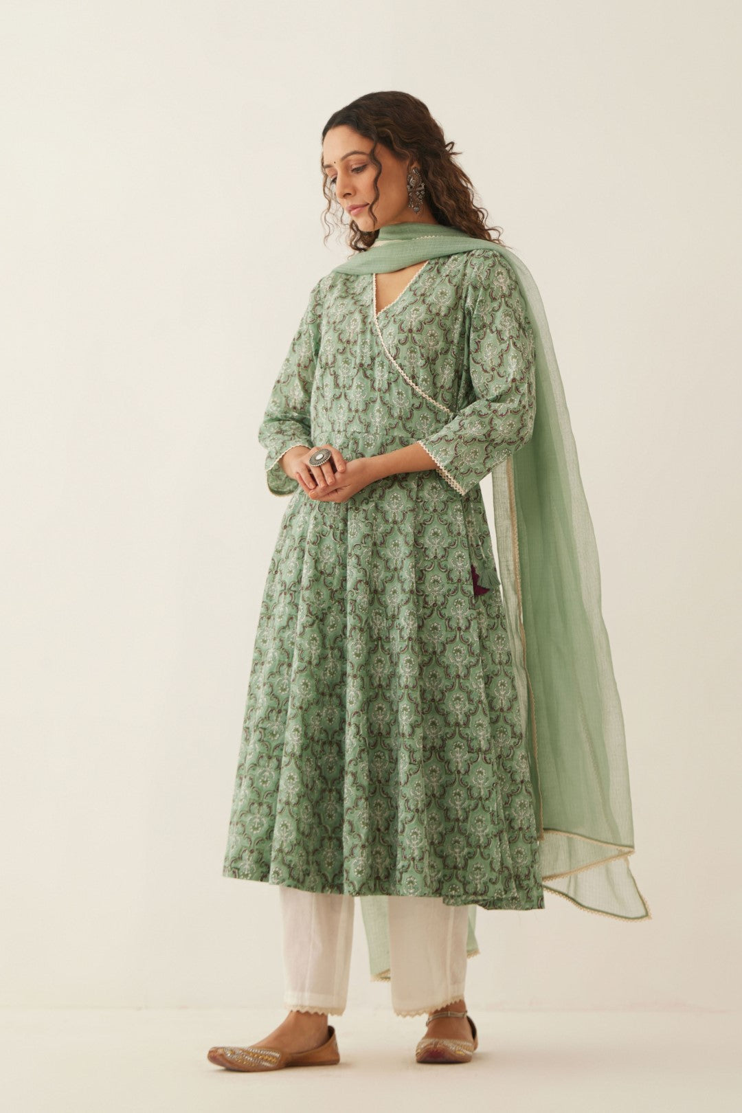 SAGE GREEN COTTON FLORAL ANGRAKHA WITH COTTON PANTS AND DUPATTA