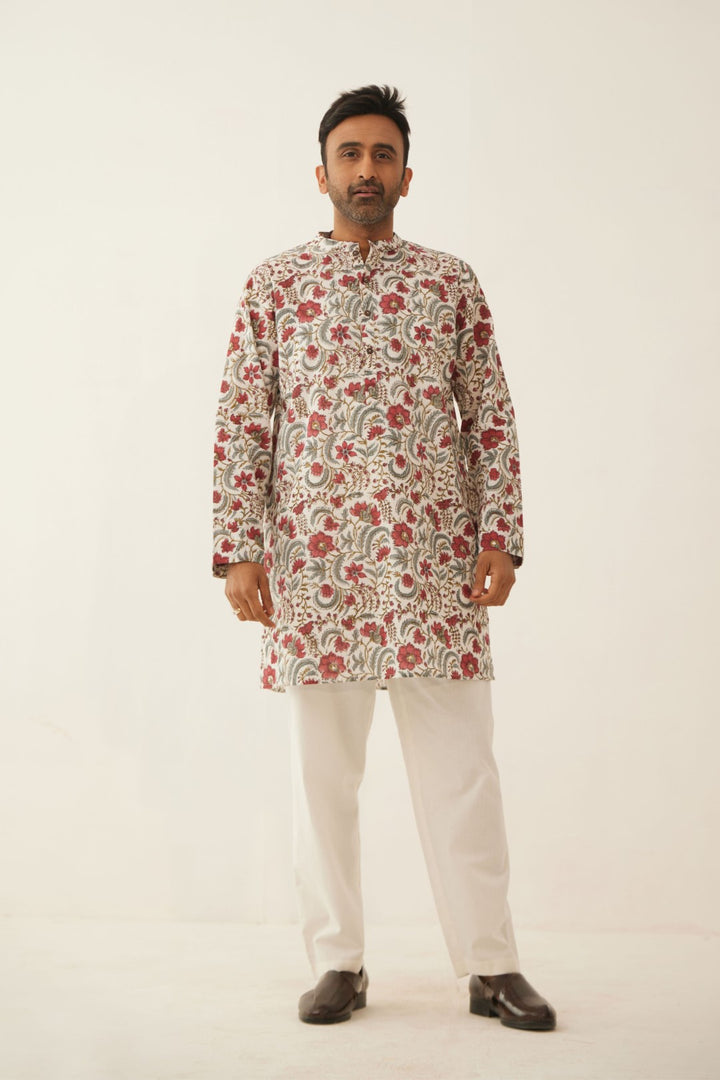 IVORY FLORAL CHINTZ MENS SHORT KURTA WITH WHITE COTTON PANTS