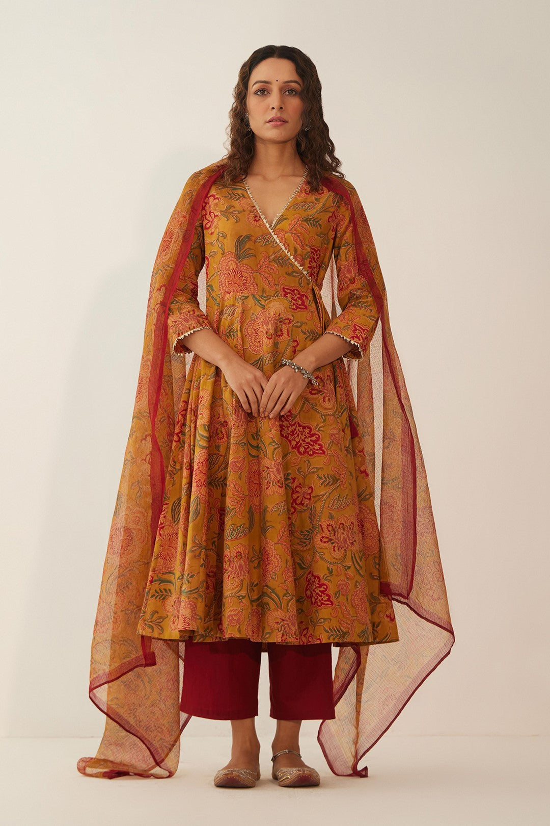 BURNT ORANGE FLORAL ANGRAKHA WITH PANTS AND CHINTZ FLORAL DUPATTA