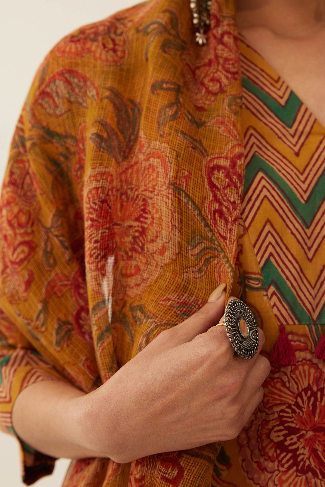 BURNT ORANGE FLORAL CHINTZ STRAIGHT KURTA WITH PANTS AND FLORAL DUPATTA