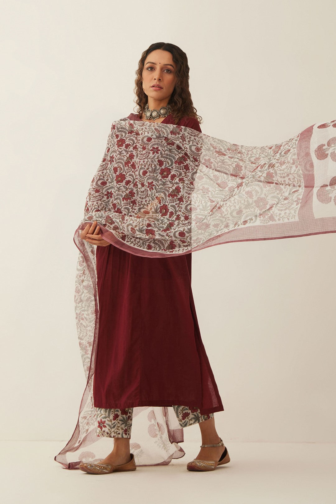 MAHROON COTTON KURTA WITH FLORAL PANTS AND DUPATTA