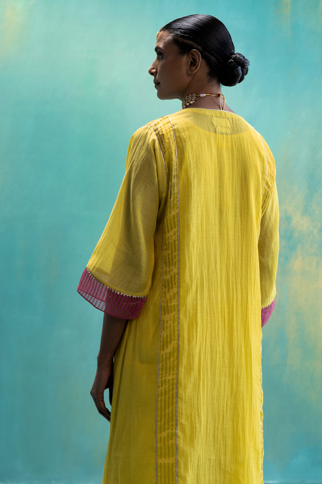 Dil-kash Yellow Chanderi with Floral yoke embroidery Choga set