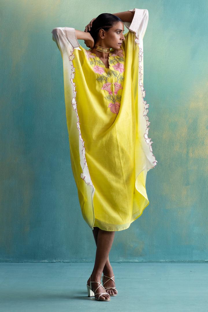 DIL-KASH DIP DYE YELLOW AND OFF-WHITE CHANDERI  V-NECK EMBROIDERY KAFTAAN