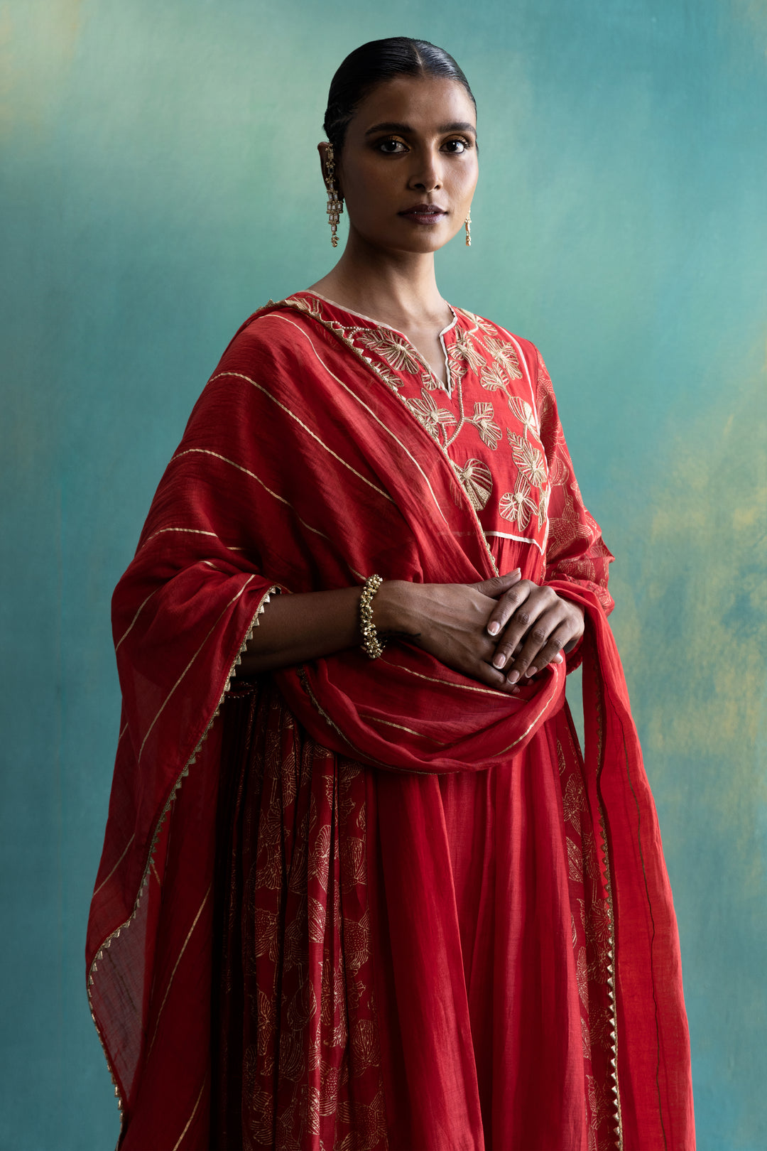 Dil-kash Red Chanderi Front and Back Floral embroidery with side pleats and Gold Block print Kurta set