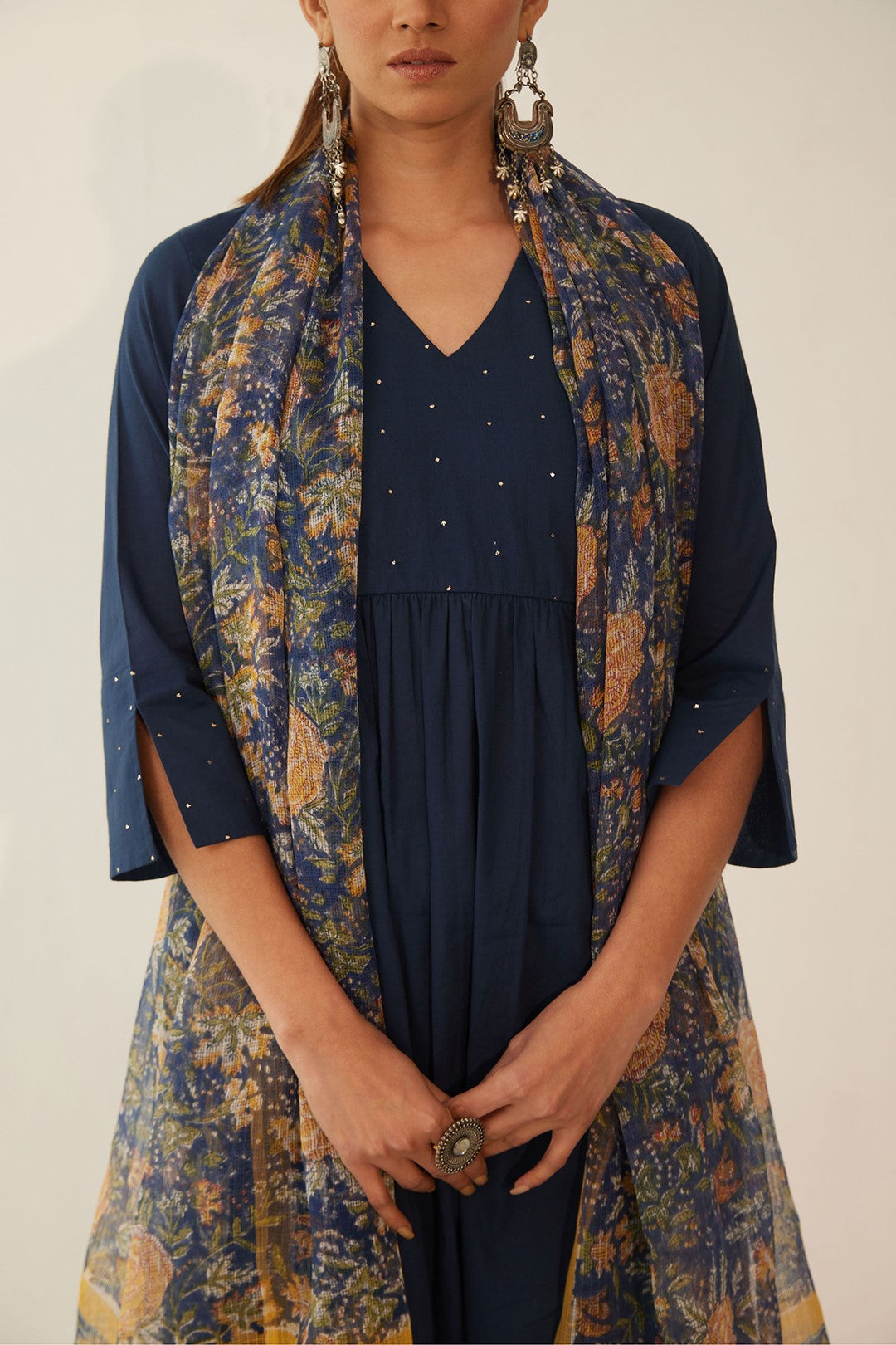 BLUE COTTON KURTA WITH FLORAL PANTS AND DUPATTA