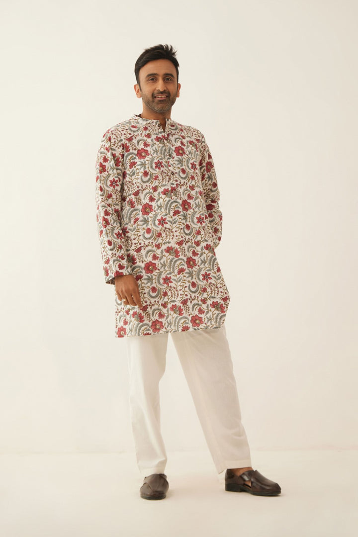 IVORY FLORAL CHINTZ MENS SHORT KURTA WITH WHITE COTTON PANTS