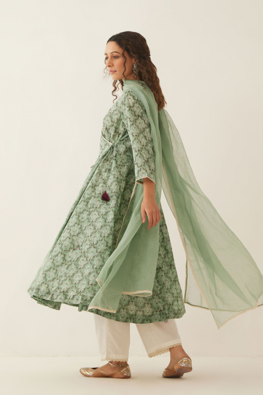 SAGE GREEN COTTON FLORAL ANGRAKHA WITH COTTON PANTS AND DUPATTA