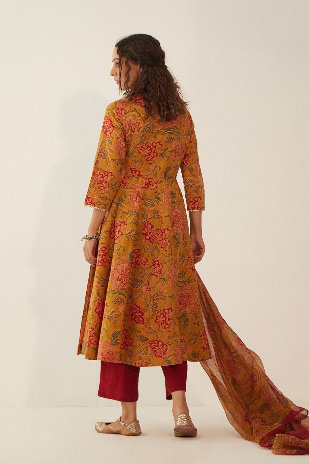 BURNT ORANGE FLORAL ANGRAKHA WITH PANTS AND CHINTZ FLORAL DUPATTA