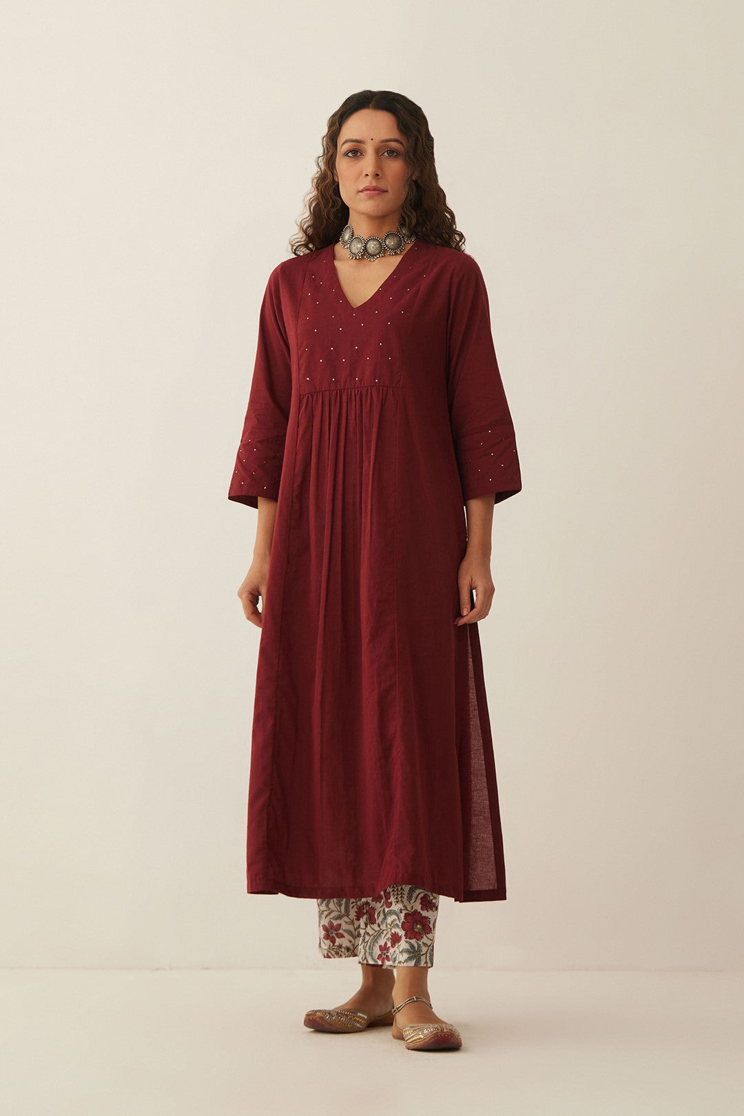 MAHROON COTTON KURTA WITH FLORAL PANTS AND DUPATTA