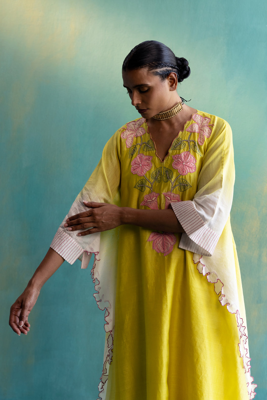 DIL-KASH DIP DYE YELLOW AND OFF-WHITE CHANDERI  V-NECK EMBROIDERY KAFTAAN