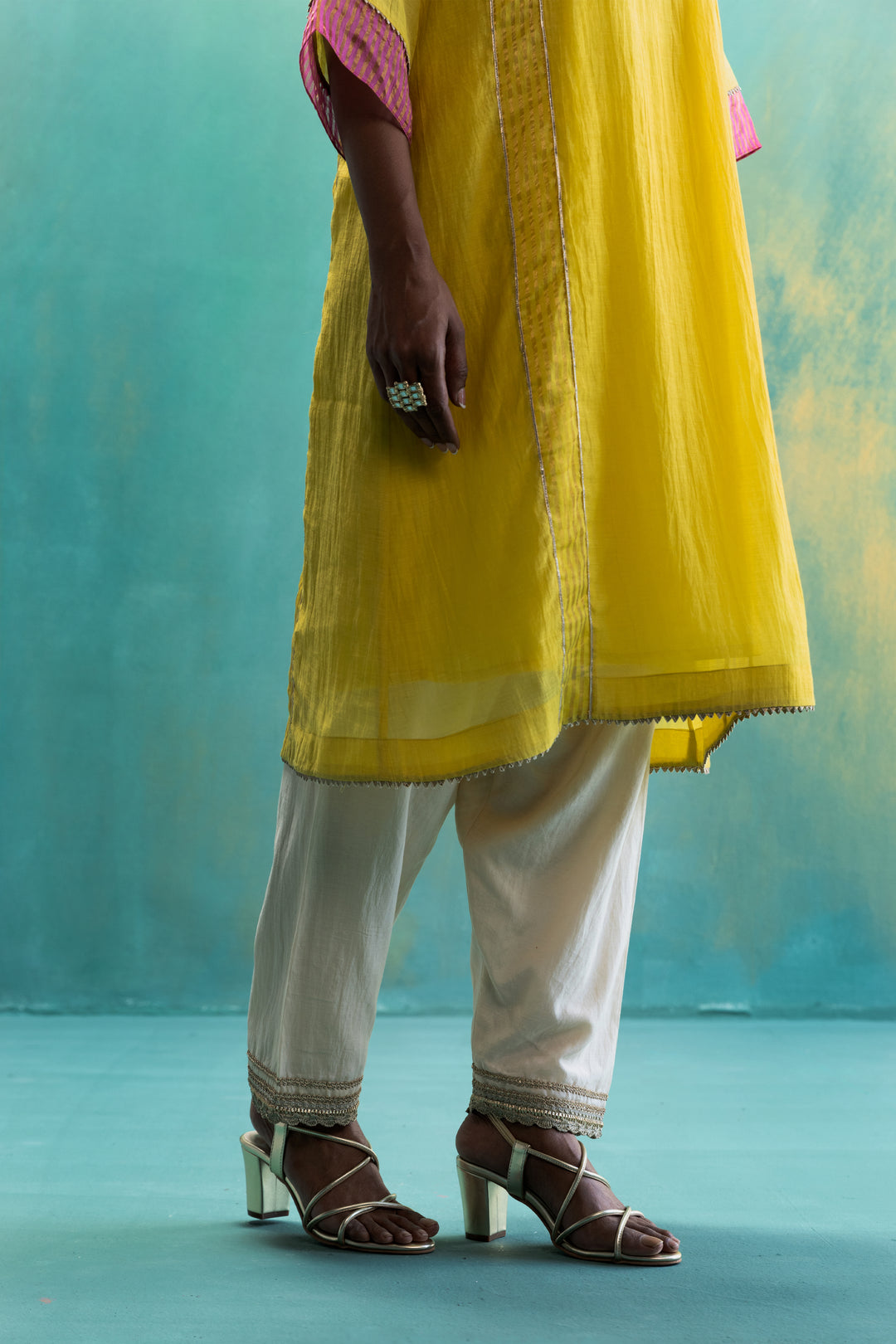 Dil-kash Yellow Chanderi with Floral yoke embroidery Choga set