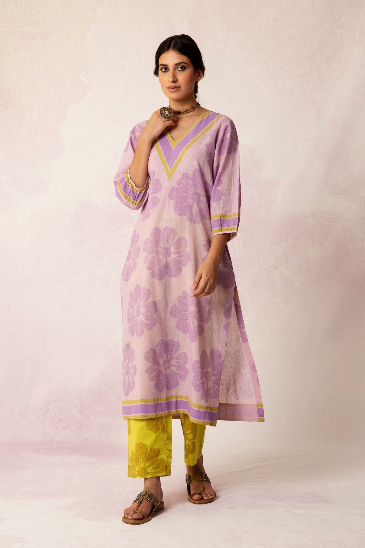 BAHAAR LILAC V-NECK BIG FLOWER KURTA WITH OLIVE YELLOW FLORAL PANT