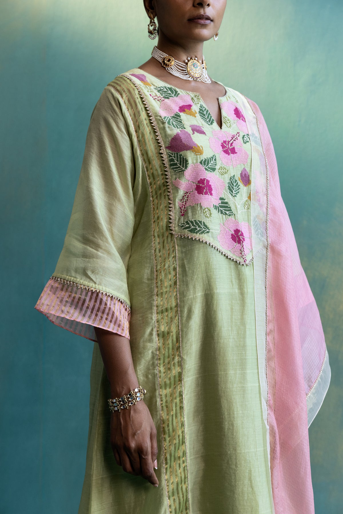 DIL-KASH OLIVE GREEN YOKE FLORAL EMBROIDERY CHOGA