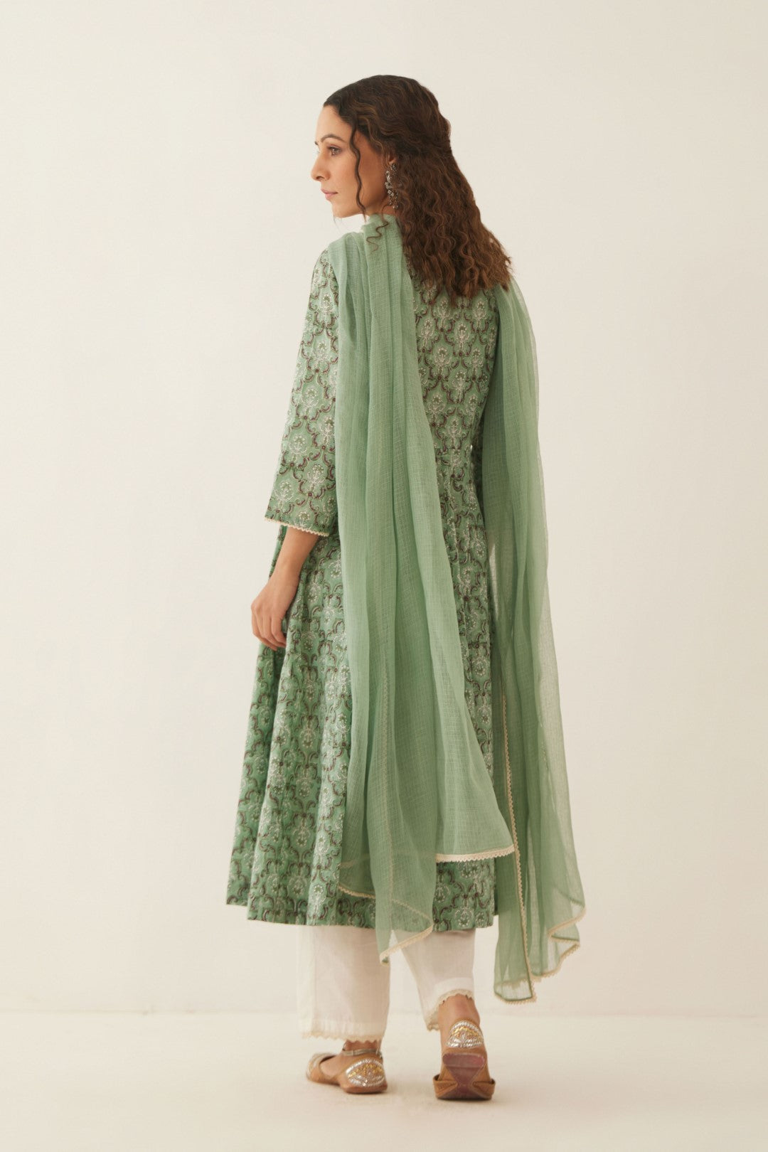 SAGE GREEN COTTON FLORAL ANGRAKHA WITH COTTON PANTS AND DUPATTA