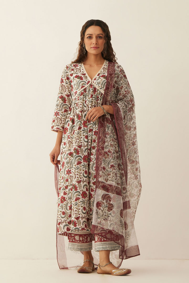 WHITE CHINTZ FULL FLORAL GATHER KURTA SET