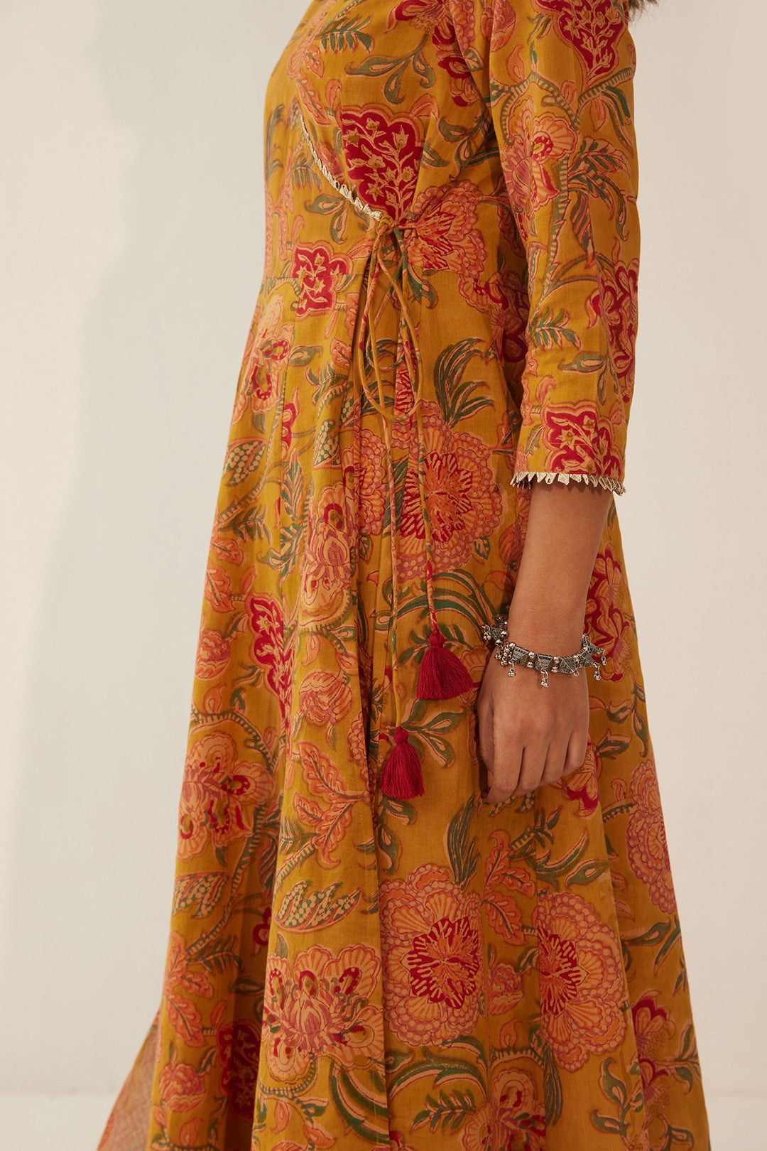 BURNT ORANGE FLORAL ANGRAKHA WITH PANTS AND CHINTZ FLORAL DUPATTA