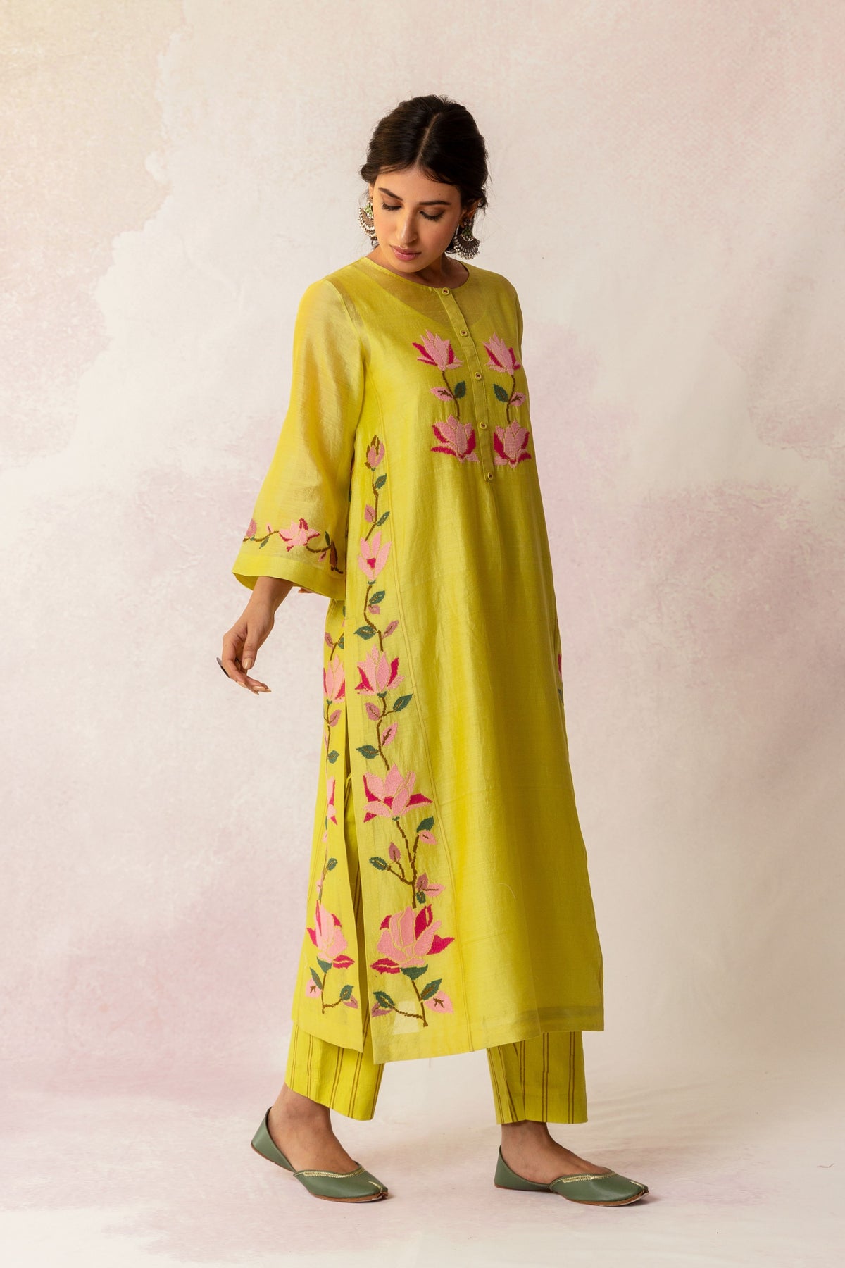 BAHAAR OLIVE FLORAL KALI KURTA SET