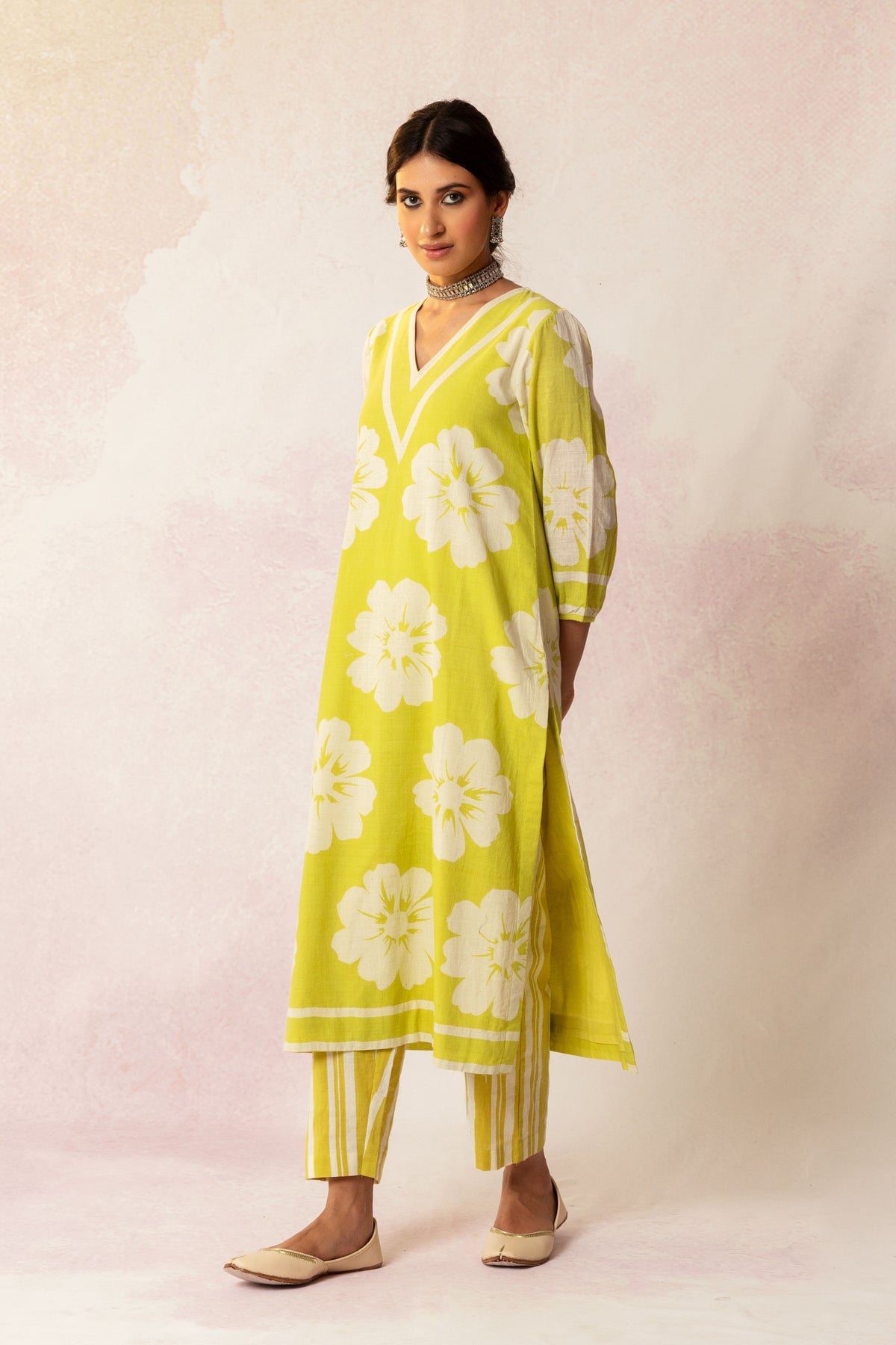 BAHAAR OLIVE YELLOW V-NECK BIG FLOWER KURTA WITH STRIPE PANT