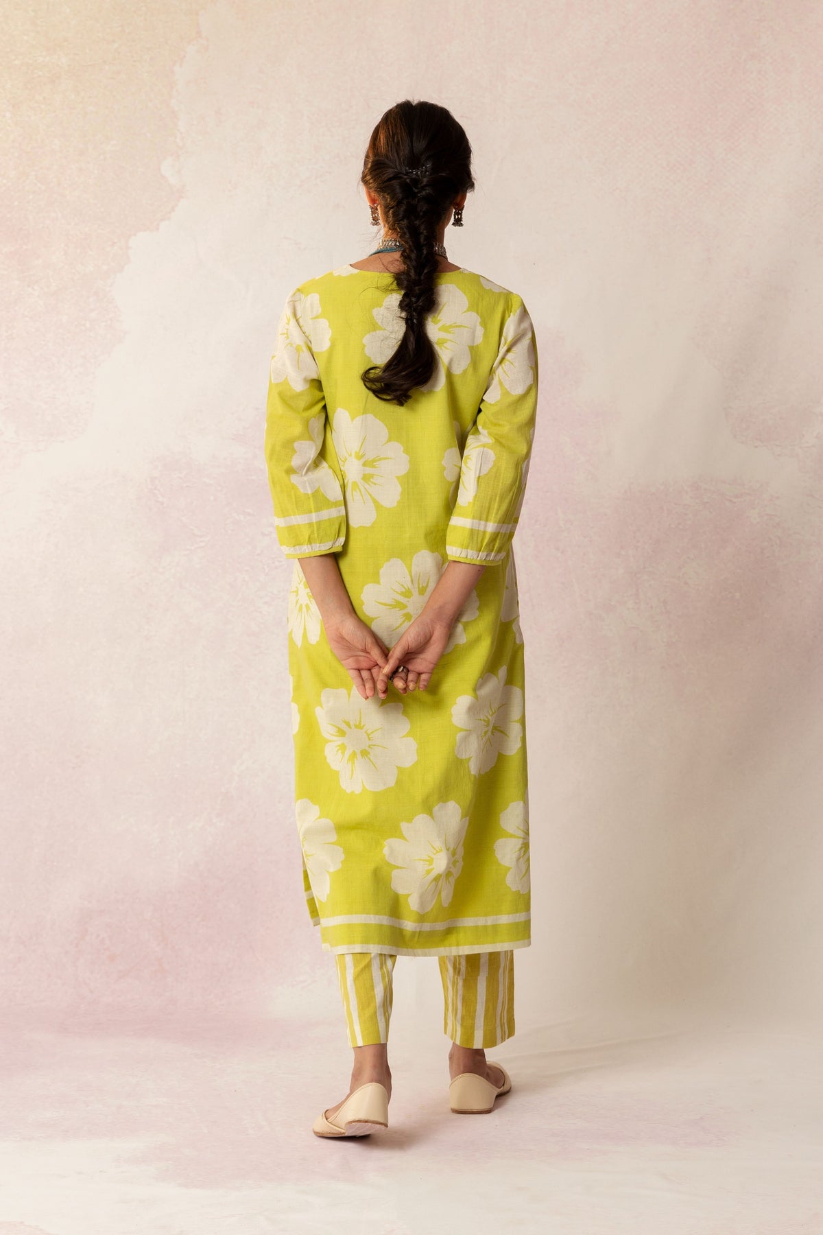 BAHAAR OLIVE YELLOW V-NECK BIG FLOWER KURTA WITH STRIPE PANT