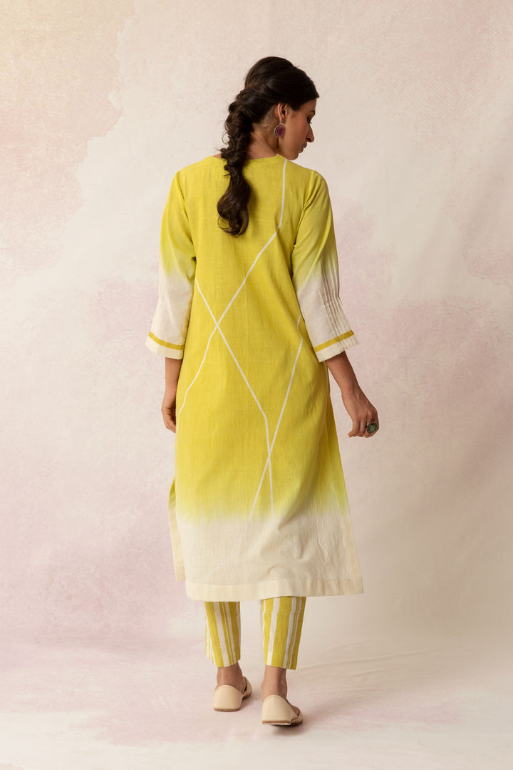 BAHAAR OLIVE GRID OMBRE KURTA WITH STRIPE PANTS