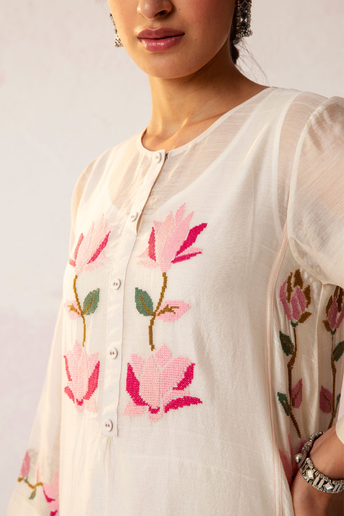 BAHAAR IVORY FLORAL KALI KURTA SET