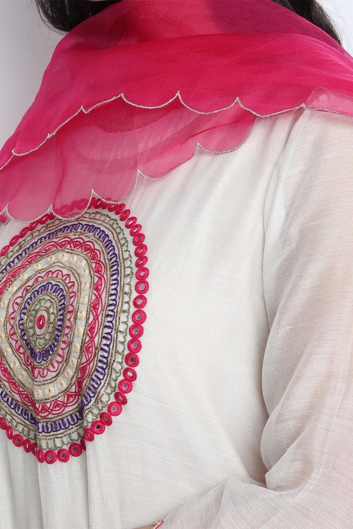 IVORY COTTON SILK AND ORGANZA EMBROIDERED PAVITRA SCALLOP PANTS