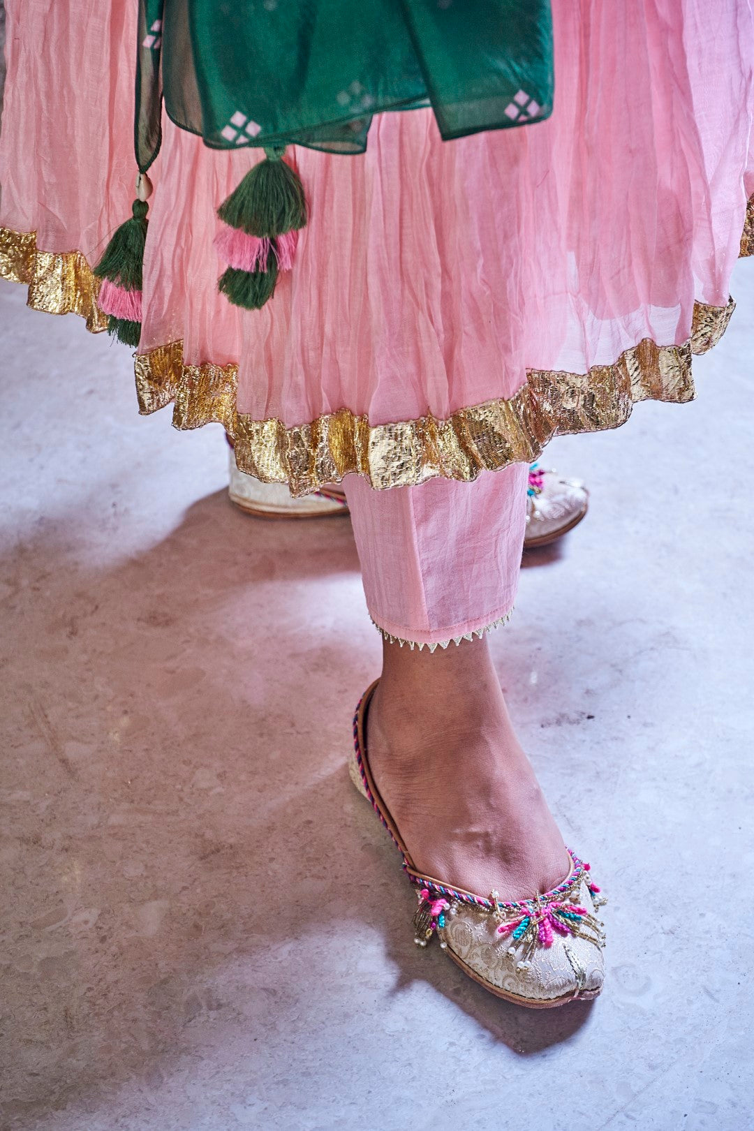 BABY PINK CHANDERI WITH GOTA DETAILING PADMANI ANARKALI WITH PANT AND DUPATTA