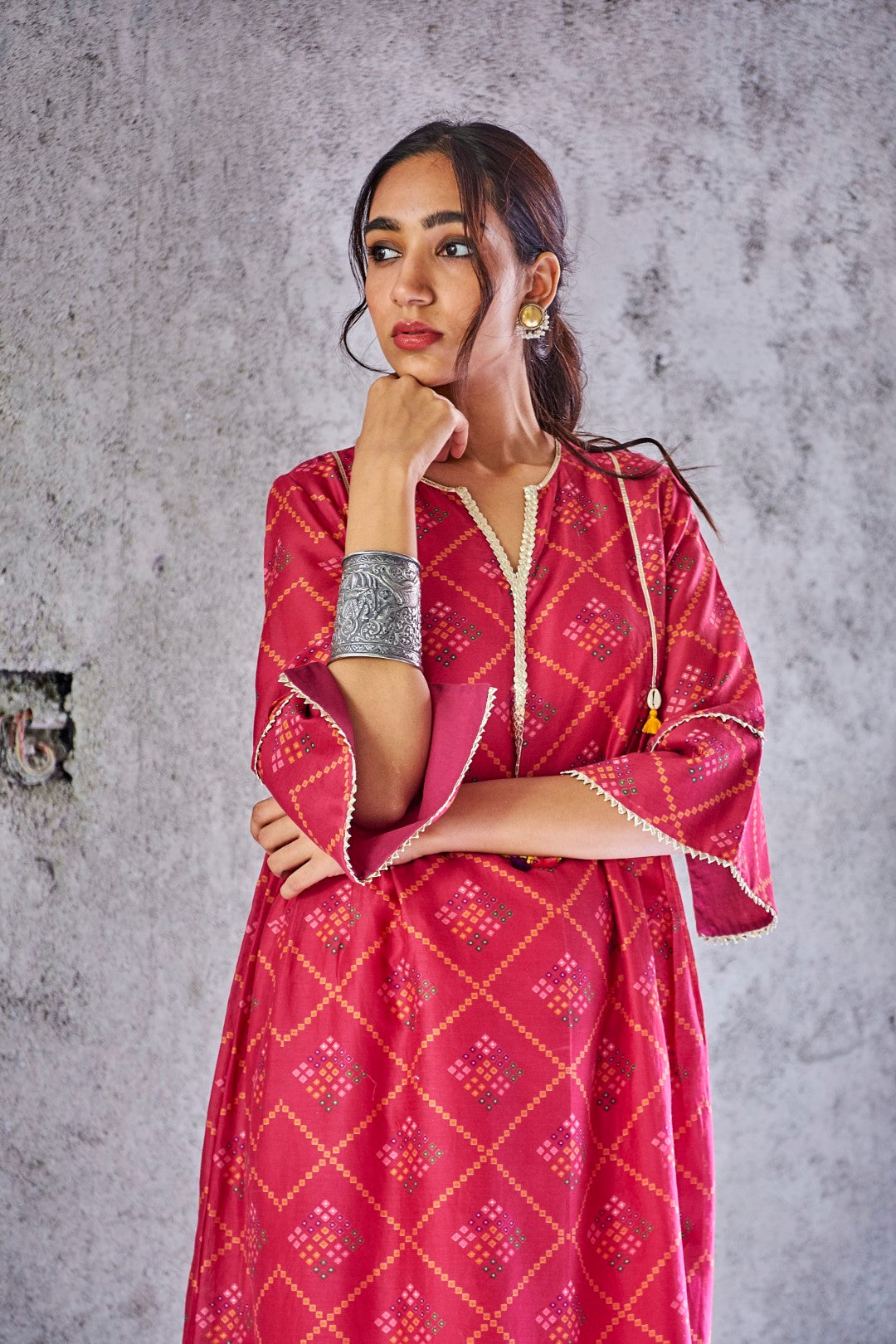 FUCHSIA PINK CHANDERI BANDHANI PRINT PUSHP KURTA