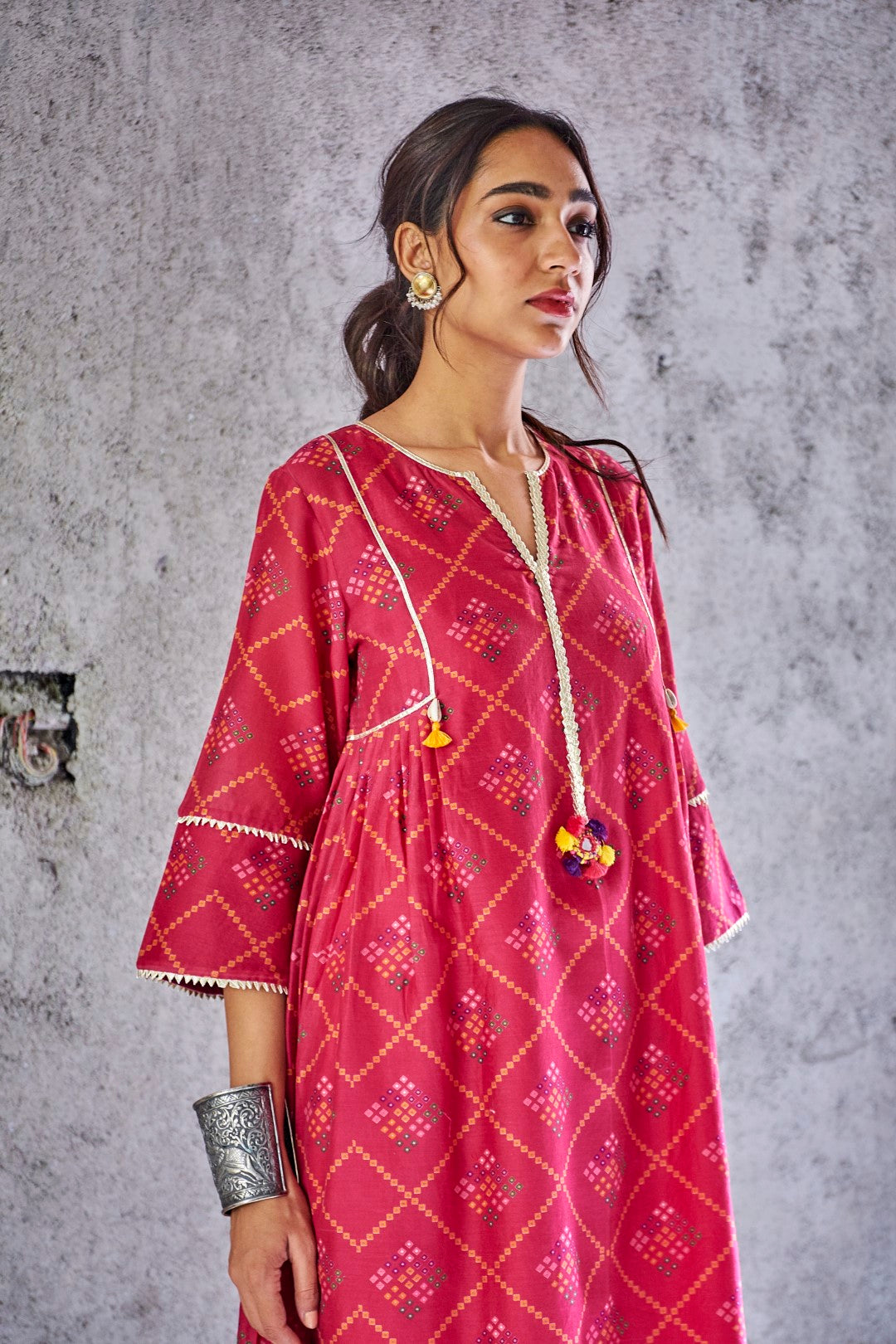 FUCHSIA PINK CHANDERI BANDHANI PRINT PUSHP KURTA WITH SALWAR