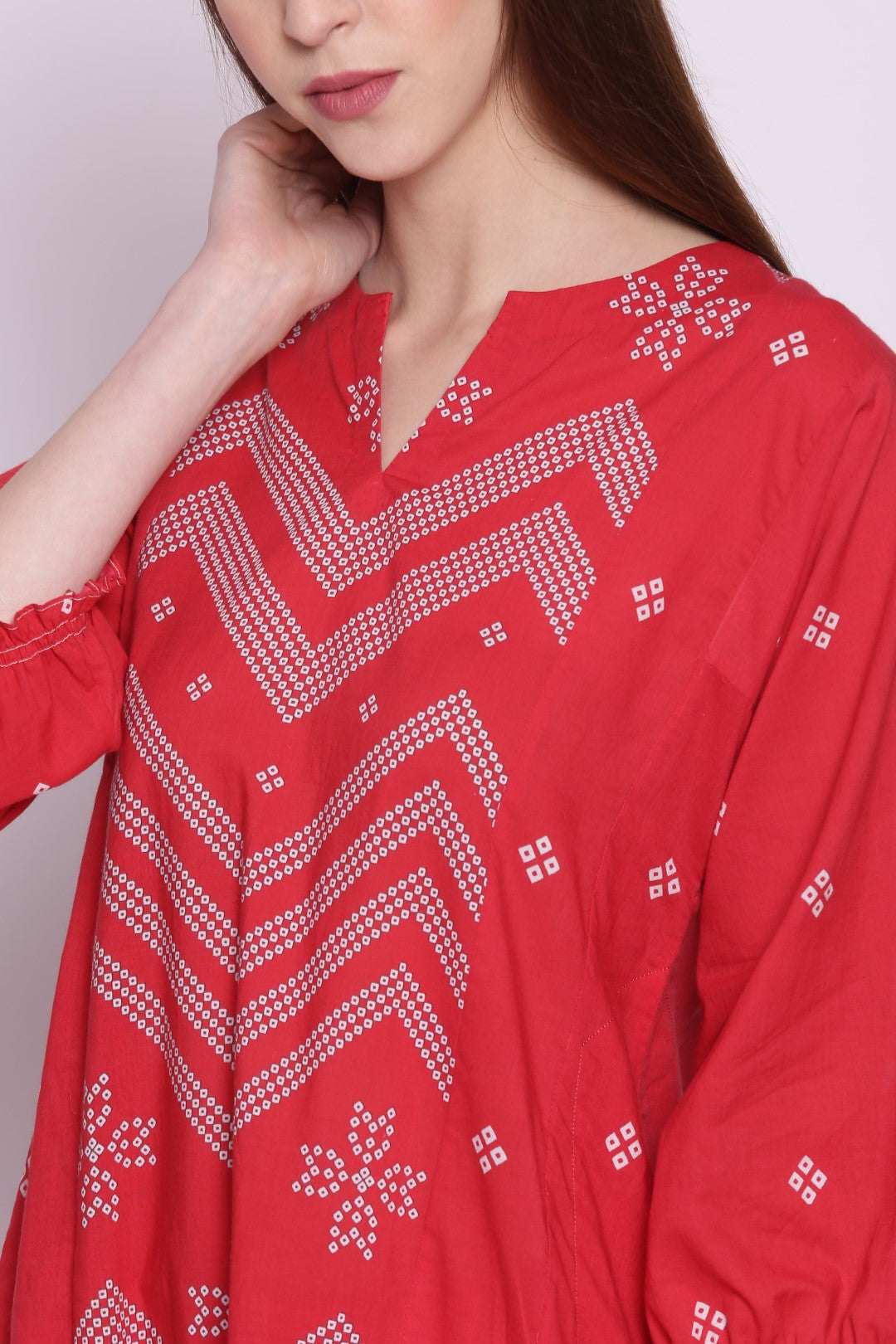 RED COTTON CHEVRON BANDHANI PRINT STRAIGHT KALI KURTA WITH PANTS