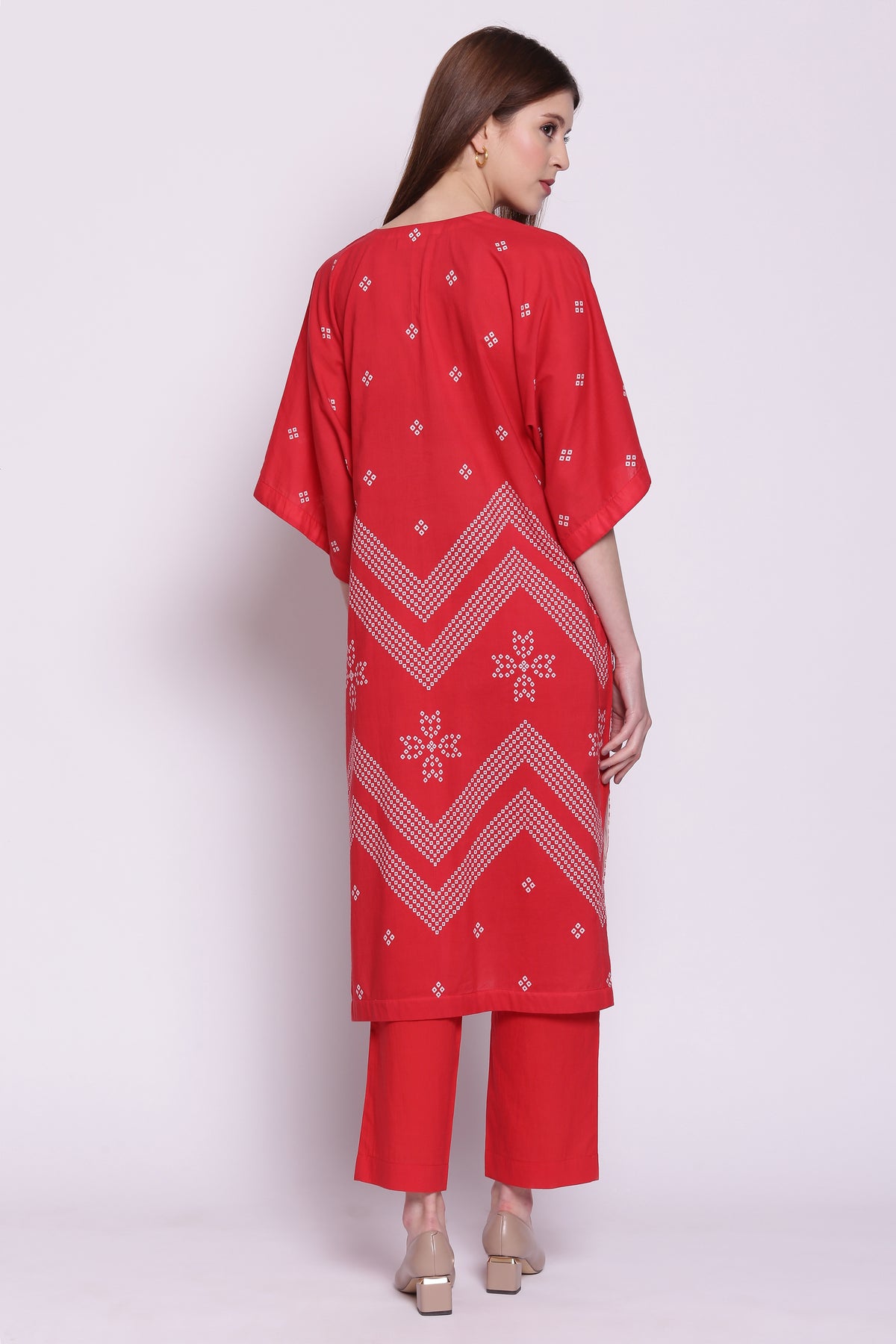 RED COTTON CHEVRON BANDHANI PRINT KIMONO