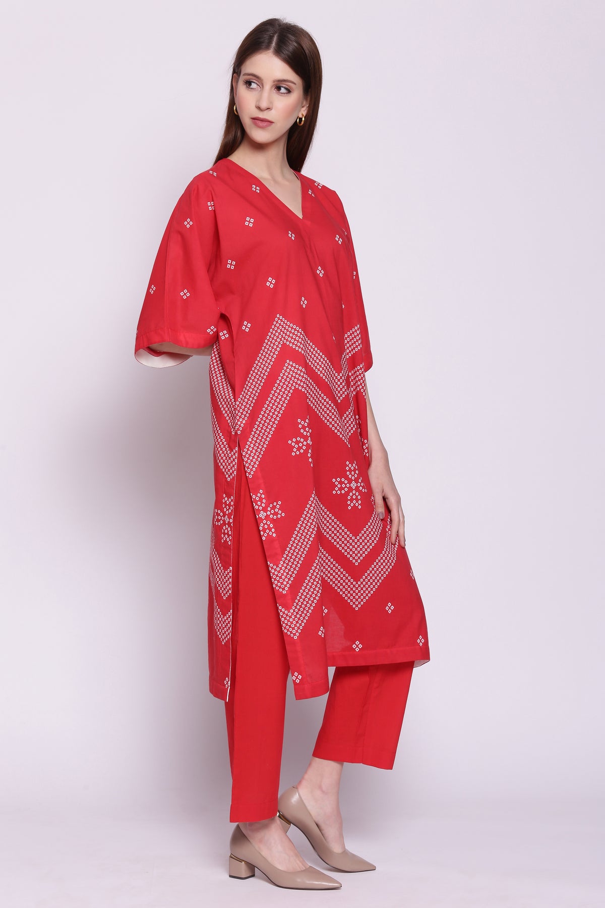 RED COTTON CHEVRON BANDHANI PRINT KIMONO