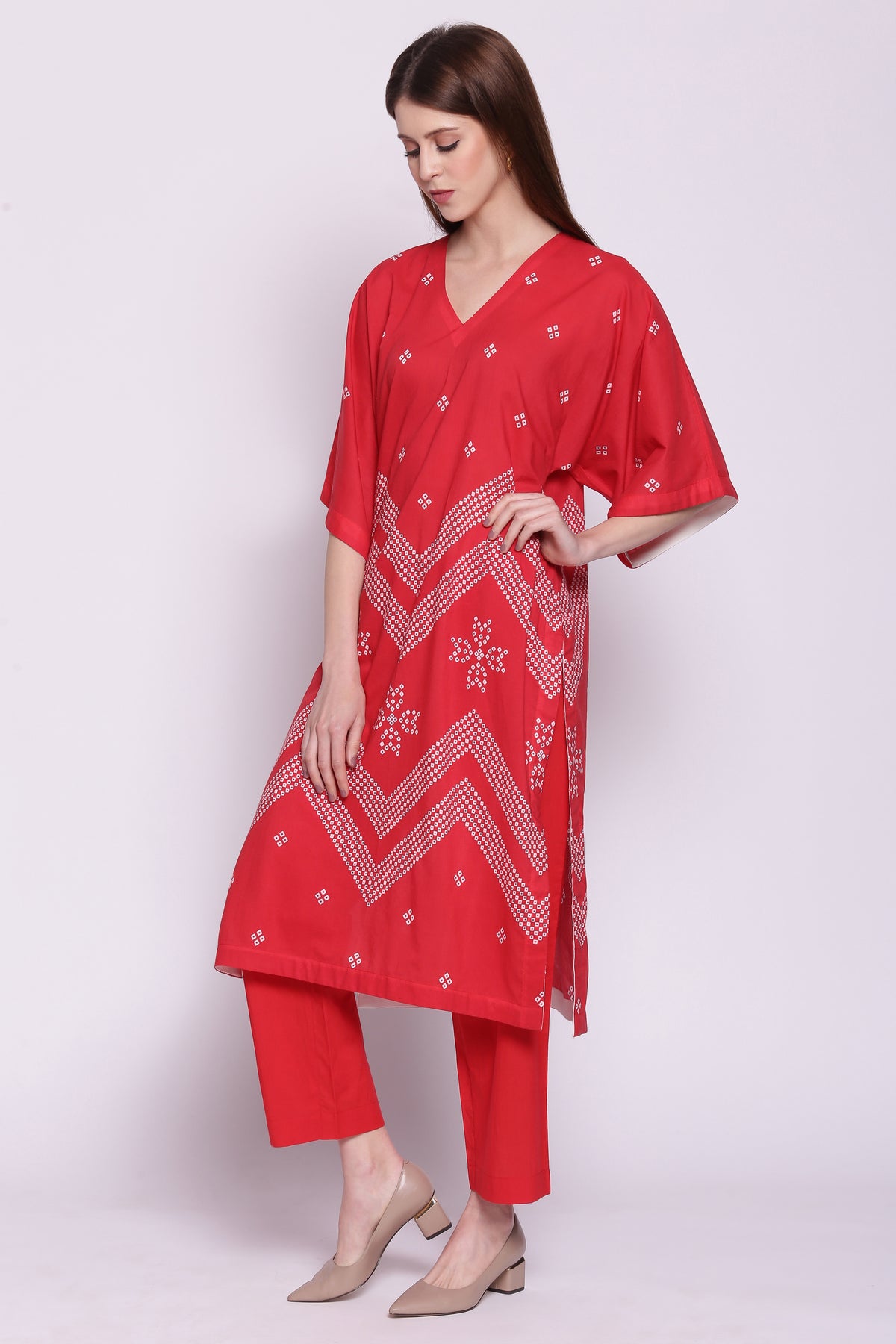 RED COTTON CHEVRON BANDHANI PRINT KIMONO