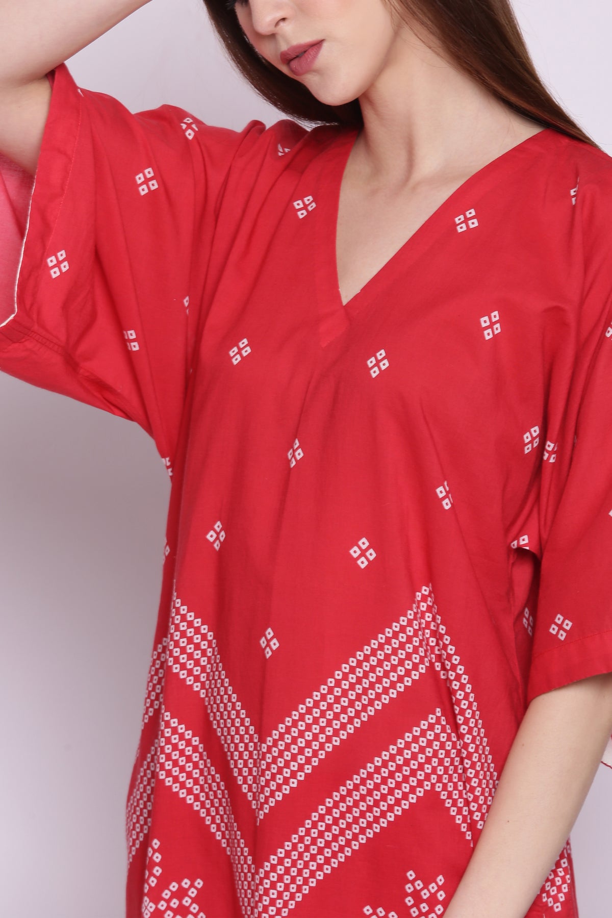 RED COTTON CHEVRON BANDHANI PRINT KIMONO