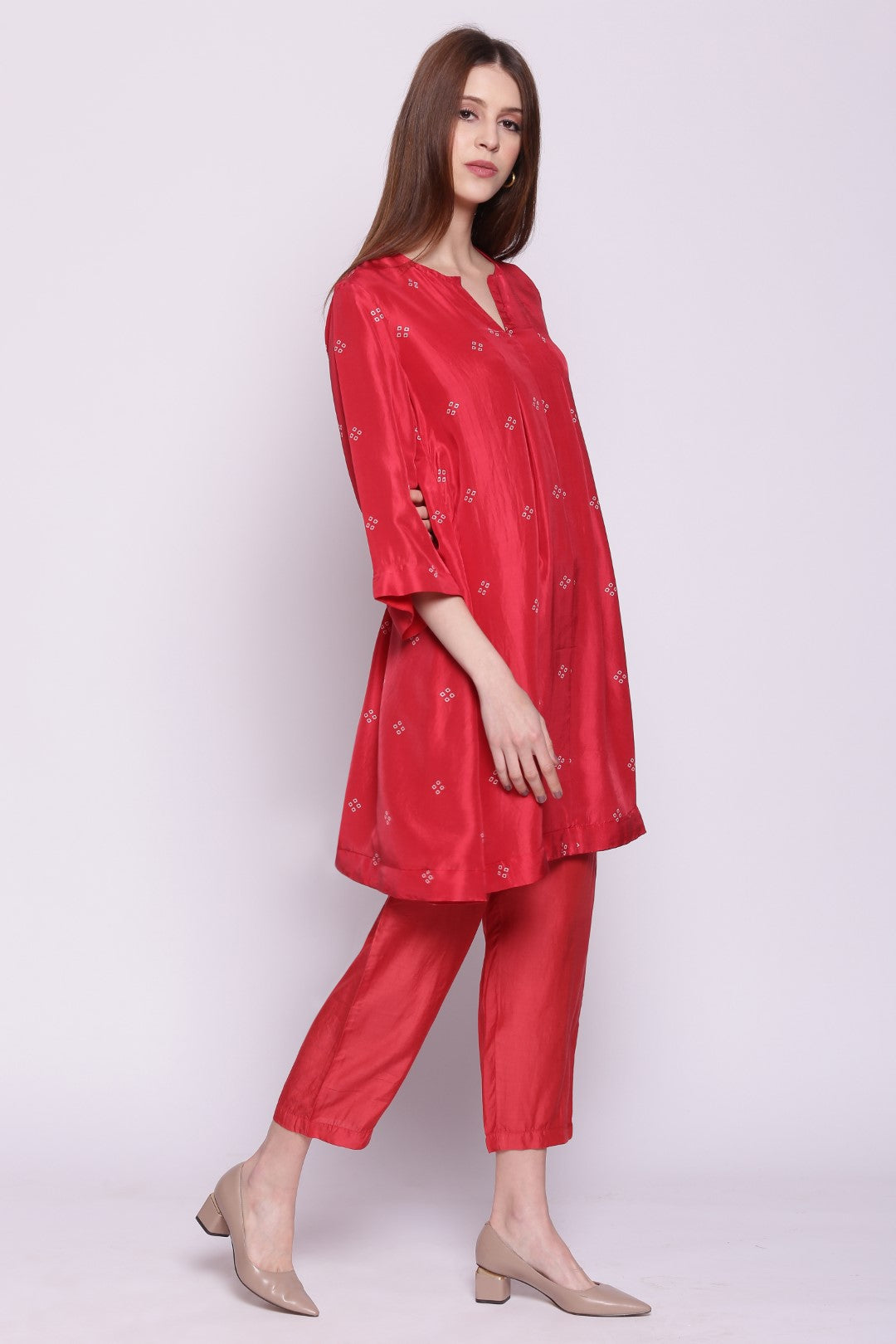 RED SILK BANHDANI PRINT BOX PLEAT TUNIC WITH PANTS