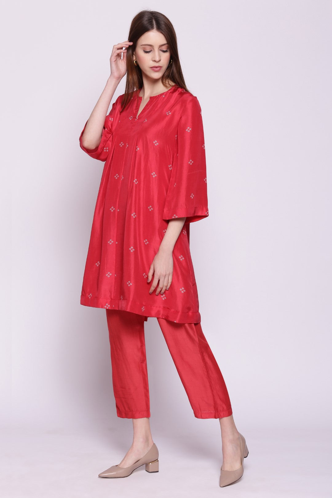 RED SILK BANHDANI PRINT BOX PLEAT TUNIC WITH PANTS